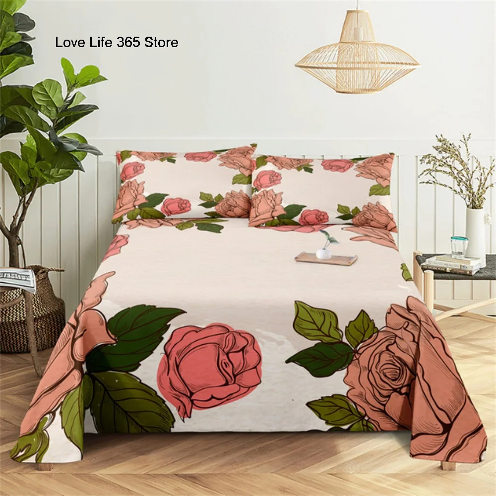 Pink Rose Bed Sheet Sets 3D Print Flowers Flat Soft Cover For Women Kids Girls King Queen Full Twin Size Linen Room Decor 3