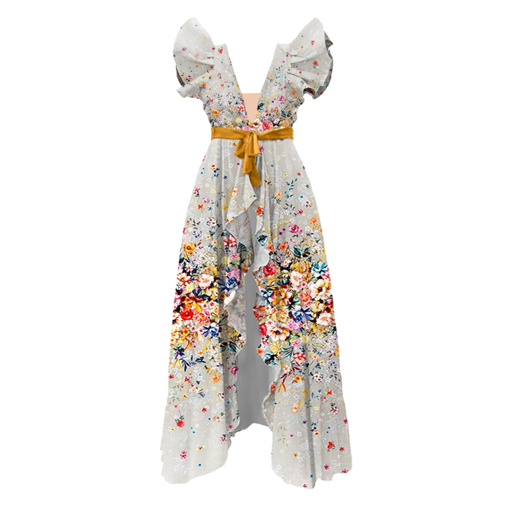 

Ruffled Floral Print Colorblock Bikinis 2023 New One-piece Swimsuits V -neck Vintage Bathing Suit Beach Wear Slim Luxury Biquini