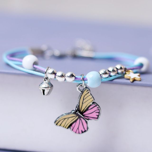 Blue Purple Butterfly Charms Bracelet Rope Braided with Bell Adjustable Bracelet Women Friendship Bracelet Jewelry Gifts