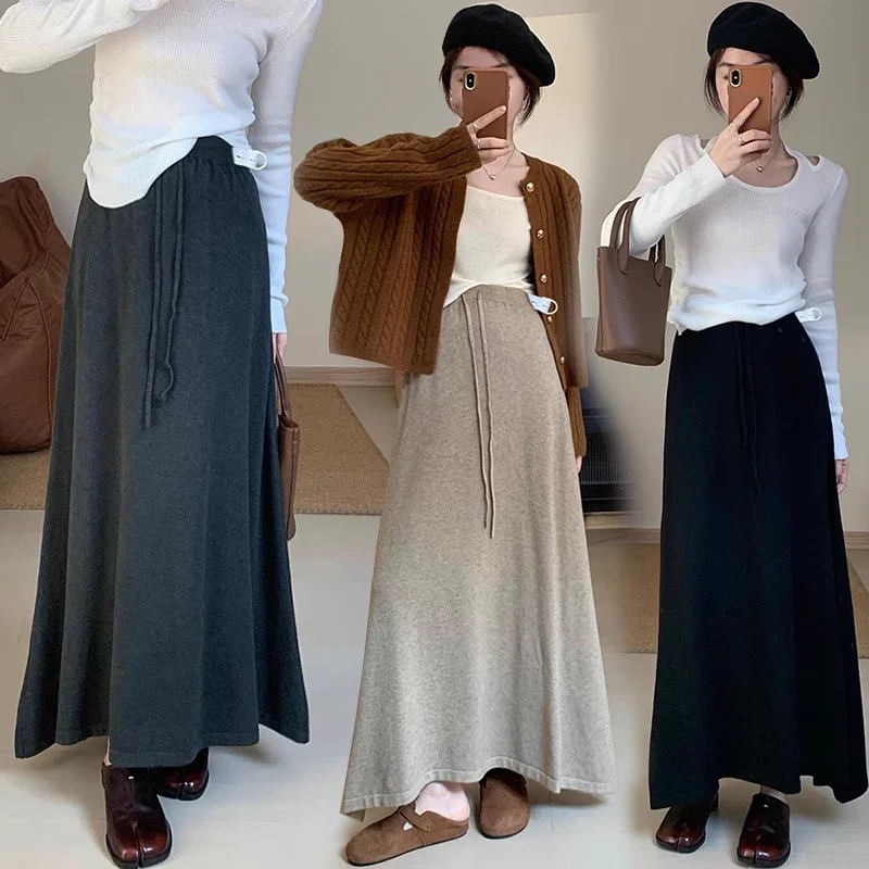Korean Style Winter Maternity Cashmere Skirt Solid Color Warm Pregnant Woman Knitting Skirts Adjustable Waist Maxi Skirts 92cm