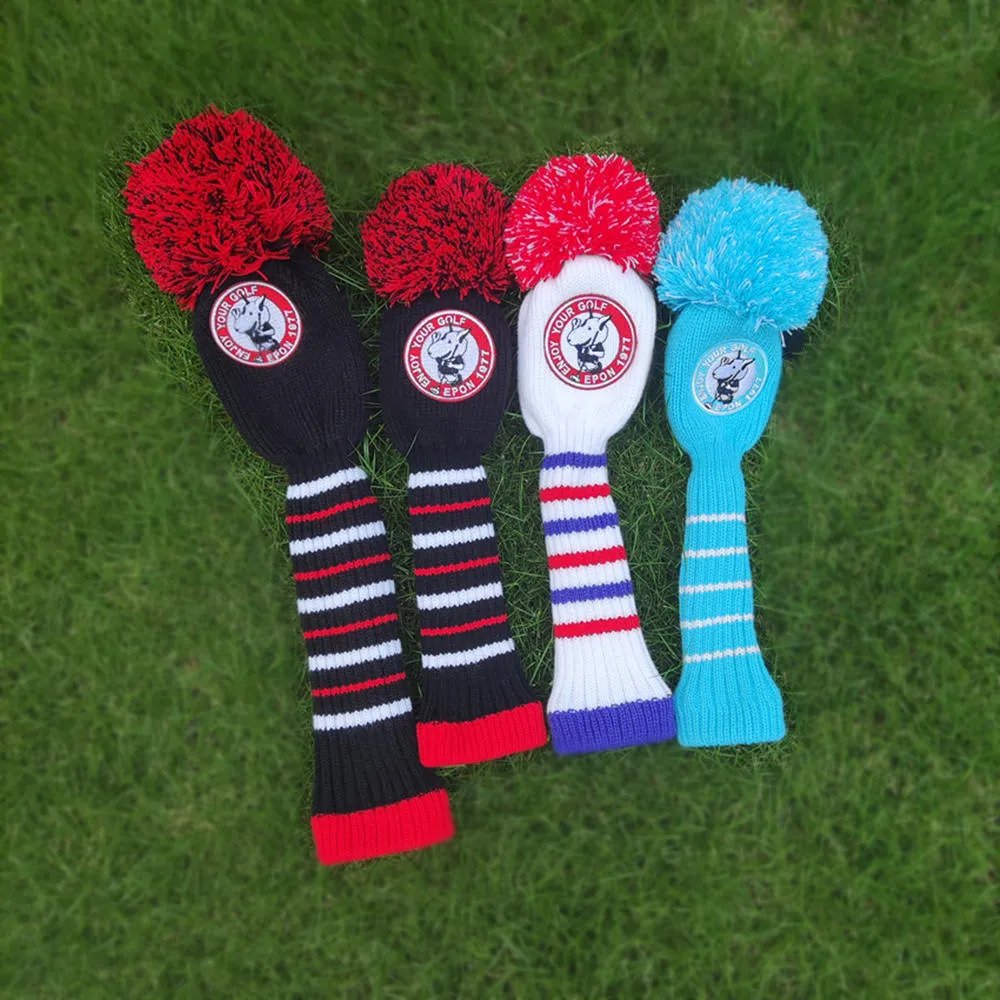 ColorfulGolfHeadCoversSetPomPomKnitedCutePuppyEmbroideryDriver