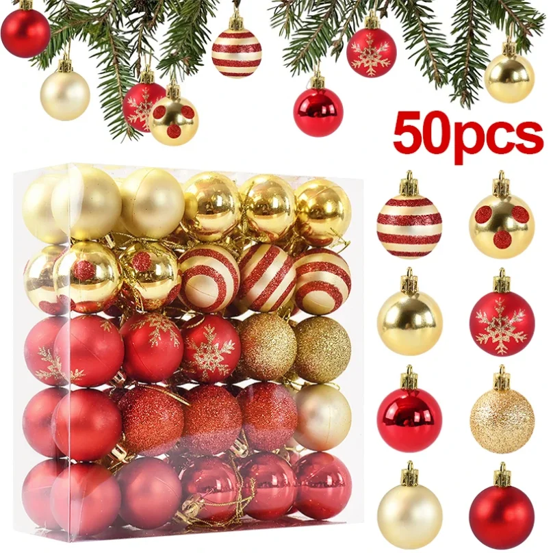 50Pcs/box Christmas Tree Balls Ornament Red Gold Hanging Bauble Pendant 2025 Christmas Decoration for Home 2026 New Year Gifts
