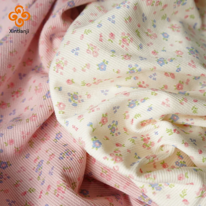 135x50cm Rib Knit Fabric Little Flowers product Cute Pattern For Girls Top Sewing Vest, Soft And Elastic Stretch Dress Material