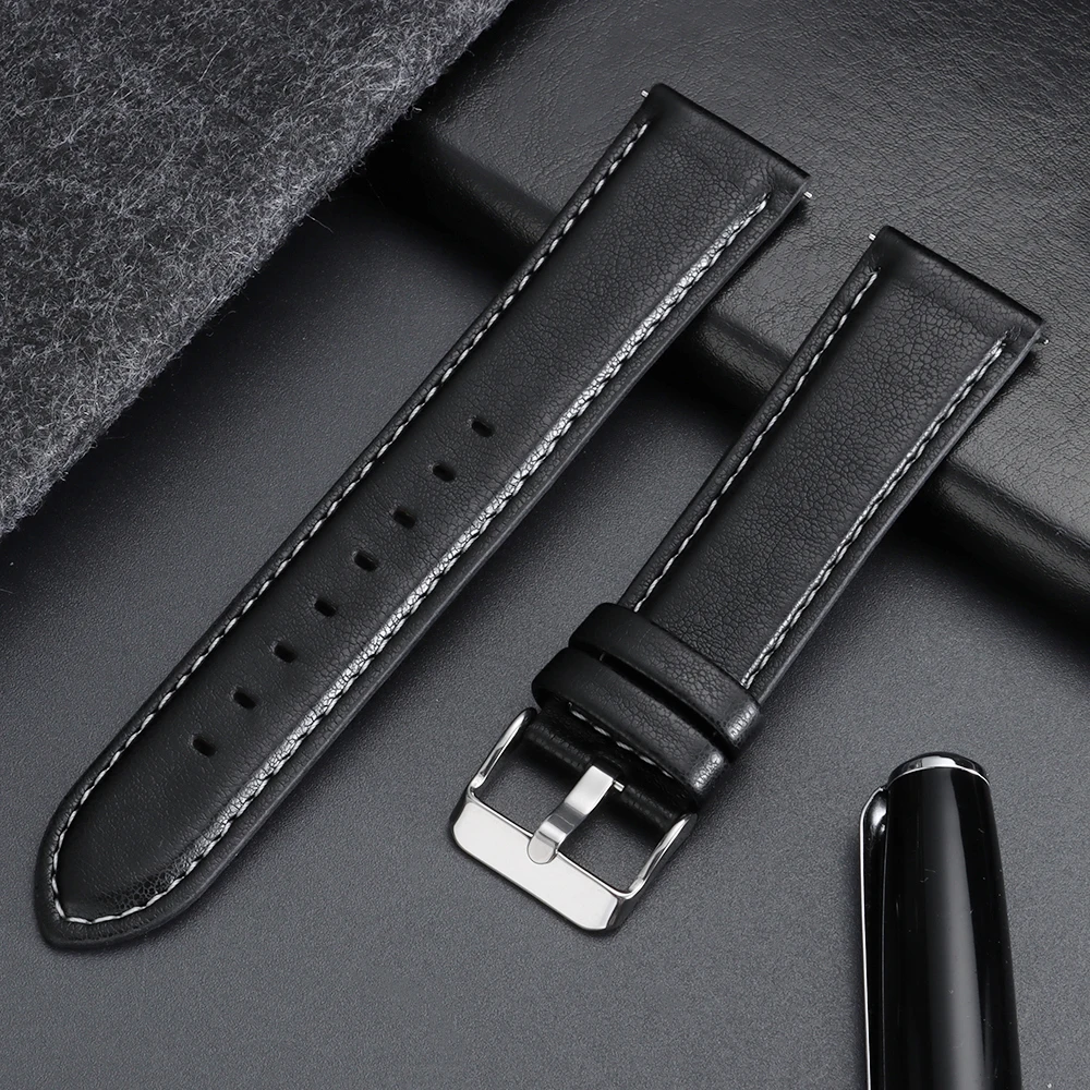 Calfskin Leather Watch Band with Silver Stainless Steel Buckle - Soft Business Wrist Strap