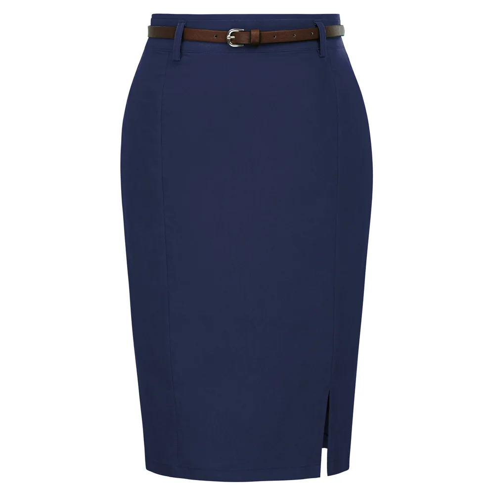 

KK Women's Skirts Solid Color Belt Decorated Casual Hips-Wrapped Bodycon Pencil Skirt Side Forked Office Lady Retro Skirt