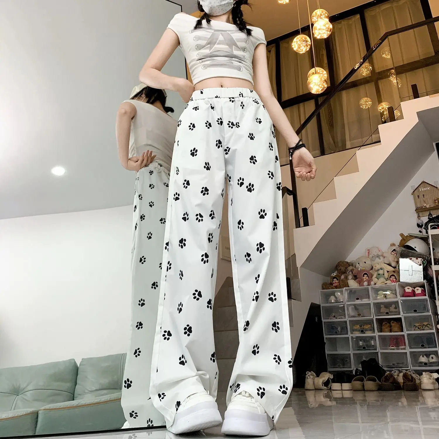 Lazy Spicy Girl Elastic High Waist Loose Casual Wide Leg Pants Women's Patchwork Pocket Dog Paw Cartoon Print Straight Trousers