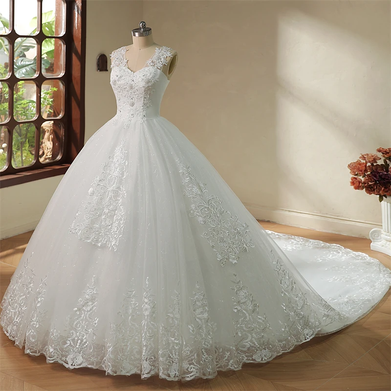 Y&M Novias V Neck Sweet Plus Size Vestido De Noiva 2024 Wedding Dress Long Train or Floor Length Appliqes Bridal Tulle Mariage 3