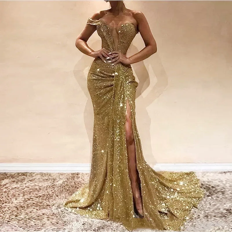 

Sparkly Gold Sequins One Shoulder Mermaid Prom Dresses 2024 Sexy Pleats Slit Long Formal Evening Party Gowns فستان حفلات الزفاف