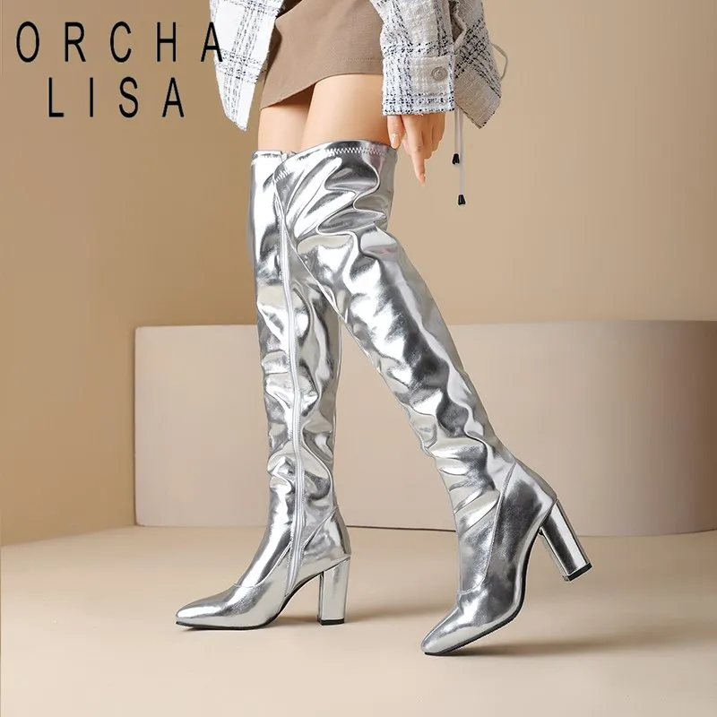 

ORCHA LISA Design Fashion Women Thigh Boots 54cm Over Knee Block Heels 9cm Zipper Plus Size 46 Sexy Party Winter Female Bota