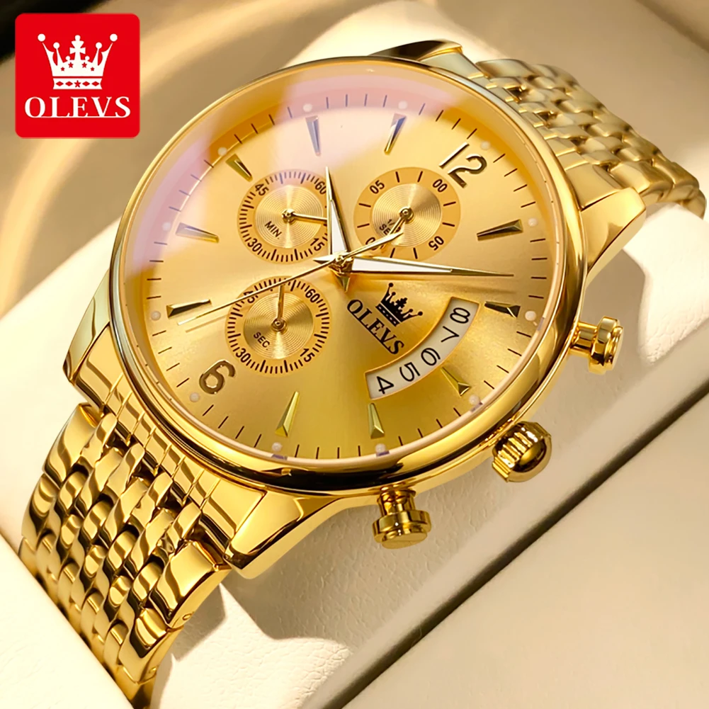 Olevs Merk Luxe Gouden Quartz Horloge Voor Heren Roestvrij Staal Waterdicht Sport Multifunctioneel Chronograaf Horloge Logio Masculino