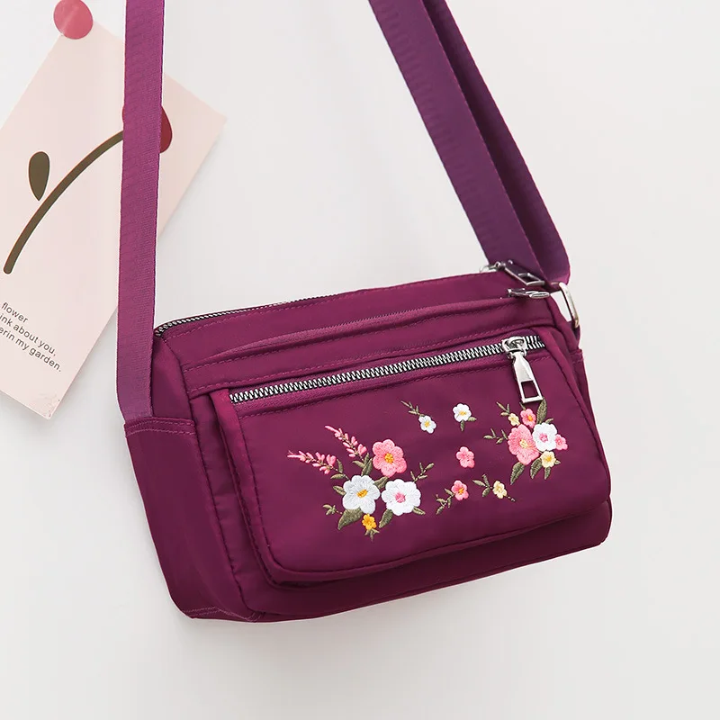 Casual Crossbody Backpack Ladies Oxford Cloth Shoulder Bag Fashion Embroidery Flower Zipper Travel Handbag