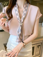 H Han Queen – chemisier en mousseline de soie pour femme, haut décontracté à lacets, Style coréen OL, tenue de bureau, ample, été 3