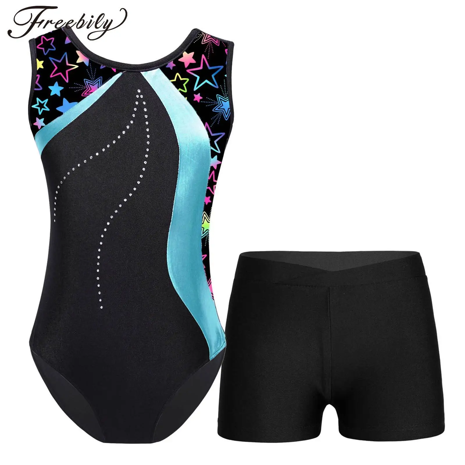 

Kids Girls Shiny Sparkle Ballet Dance Leotard and Shorts Se Sleeveless Gymnastics Outfits 2 Pieces Dance Costumes Clothes Set