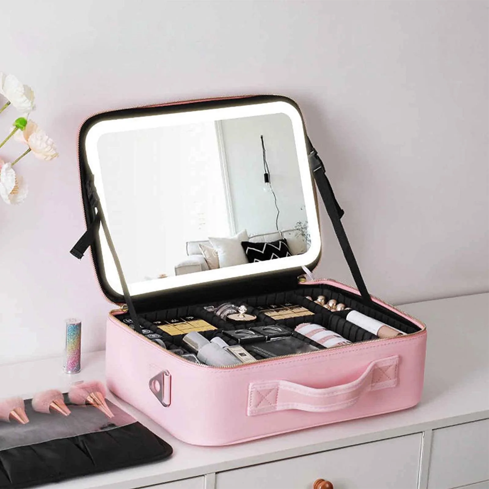 New Makeup bag With Large Mirror With Compartments Waterproof PU Leather  Travel Cosmetic Case For Women - AliExpress