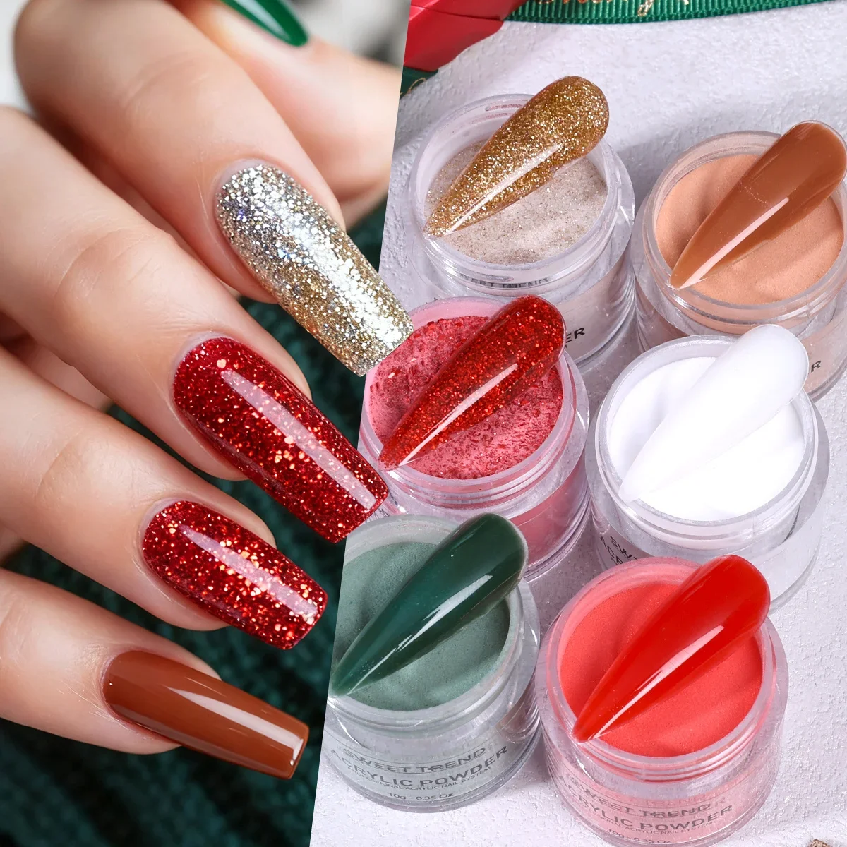 6pcs Christmas Color Acrylic Nail Powder Green Red Sparkly Gold Crystal Carved Building Sequins Manicure Extension Dipping Dust