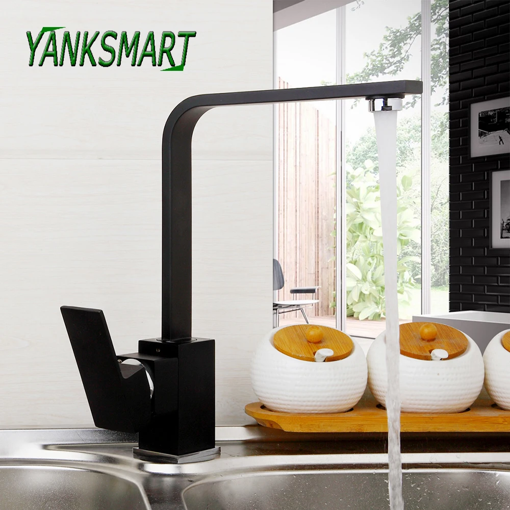 

Матовый черный кухонный смеситель YANKSMART, латунный кухонный смеситель для раковины, поворотный на 360 градусов, с одной ручкой, крепление на раковину, смеситель