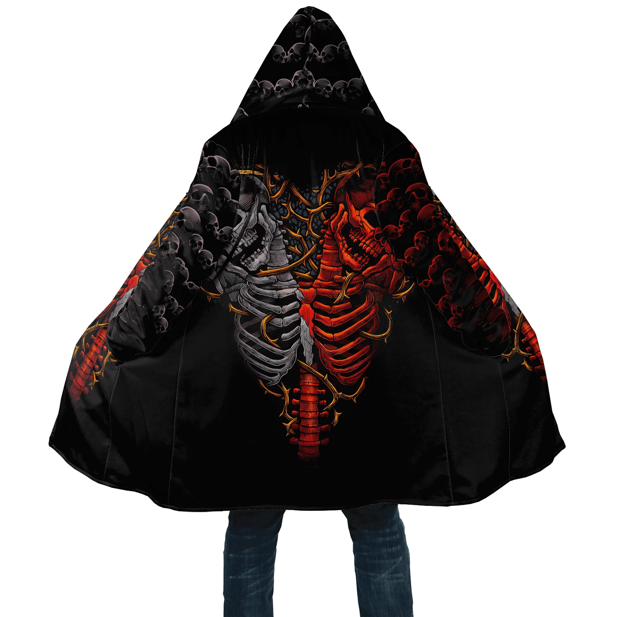 PLstar Cosmos Herren-Umhang, Totenkopf, Teufel, Tattoo, 3D-Allover-bedruckter Fleece-Kapuzenumhang, Unisex, lässig, dick, warm, Umhang, Mantel PF71 – Detail 35