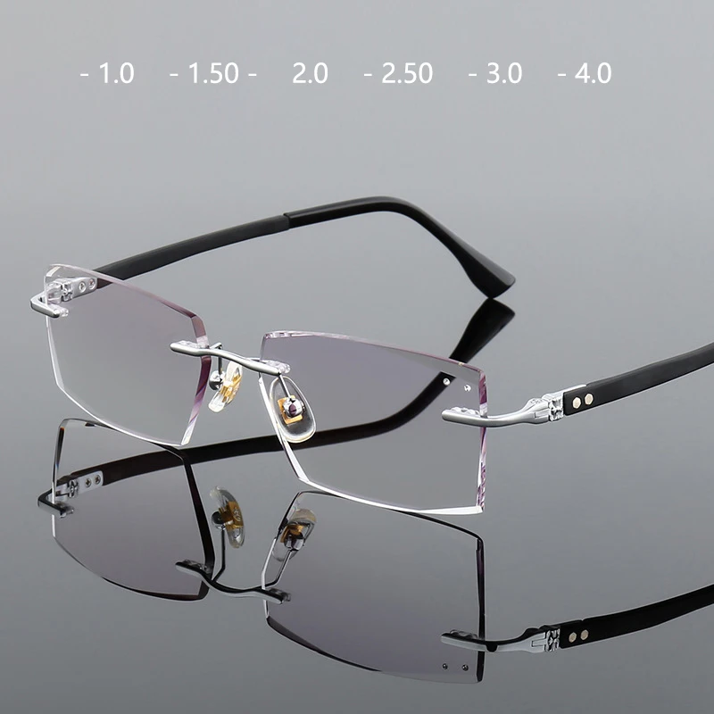 男性用rimless近視メガネ、正方形のダイヤモンドカットエッジ、光学矯正眼鏡、高級ビジネスファッション