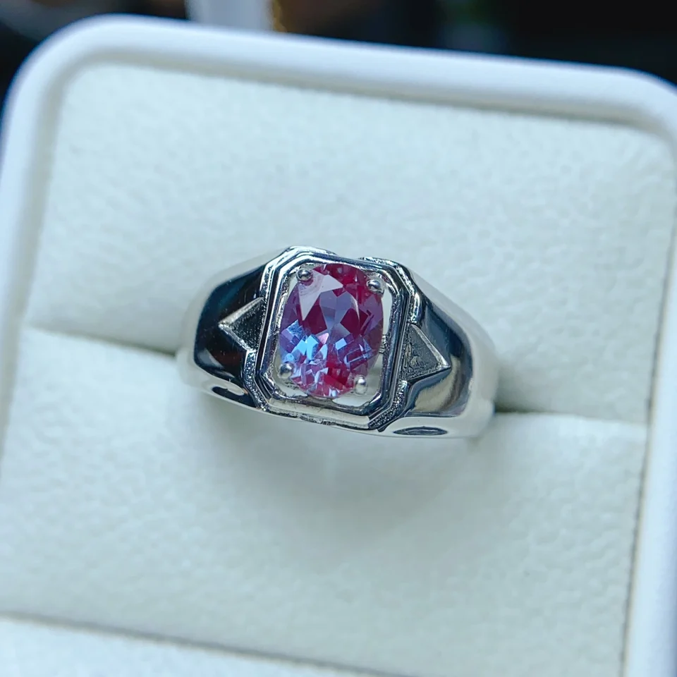 Silvershake Sterling Silver Ring With Color-Changing Alexandrite – Size 7.5, White Gold Plated & White Topaz