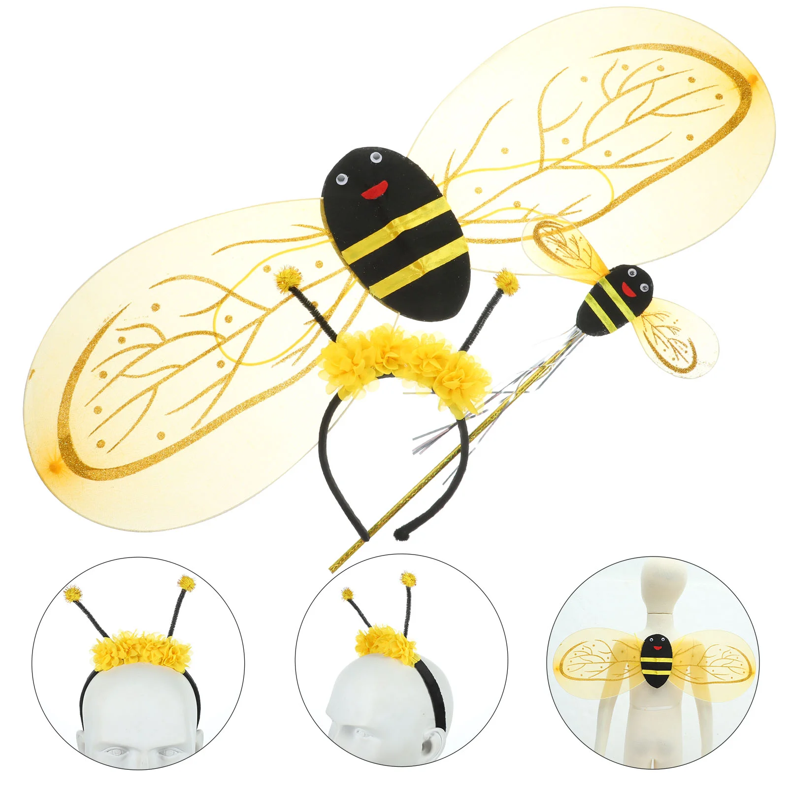 

Bee Wings Set for Kids Headband Prop Costume Decor Walking Stick Clothing Party Cane Wand Dress-up