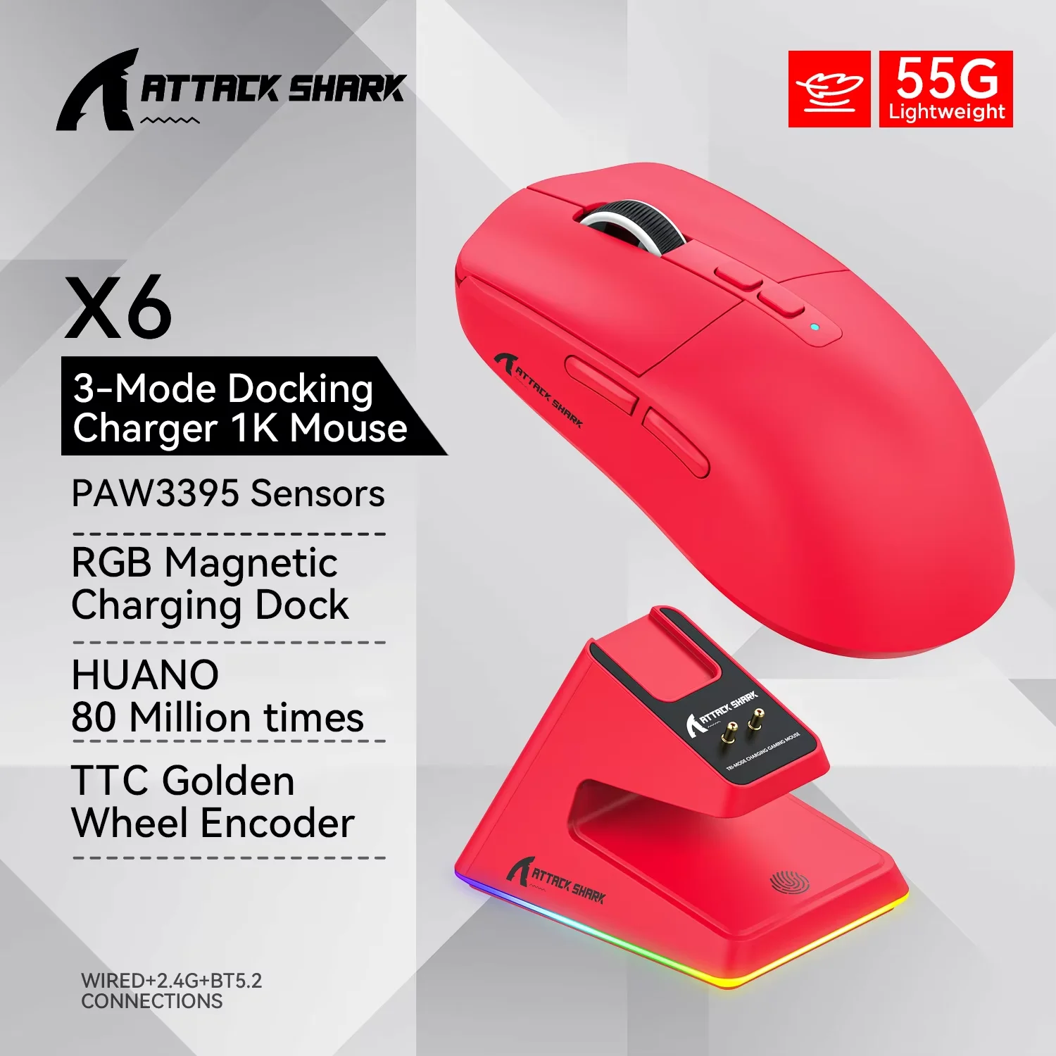 Shark X6 Tri-Mode RGB Gaming Mouse with Magnetic Charging Base