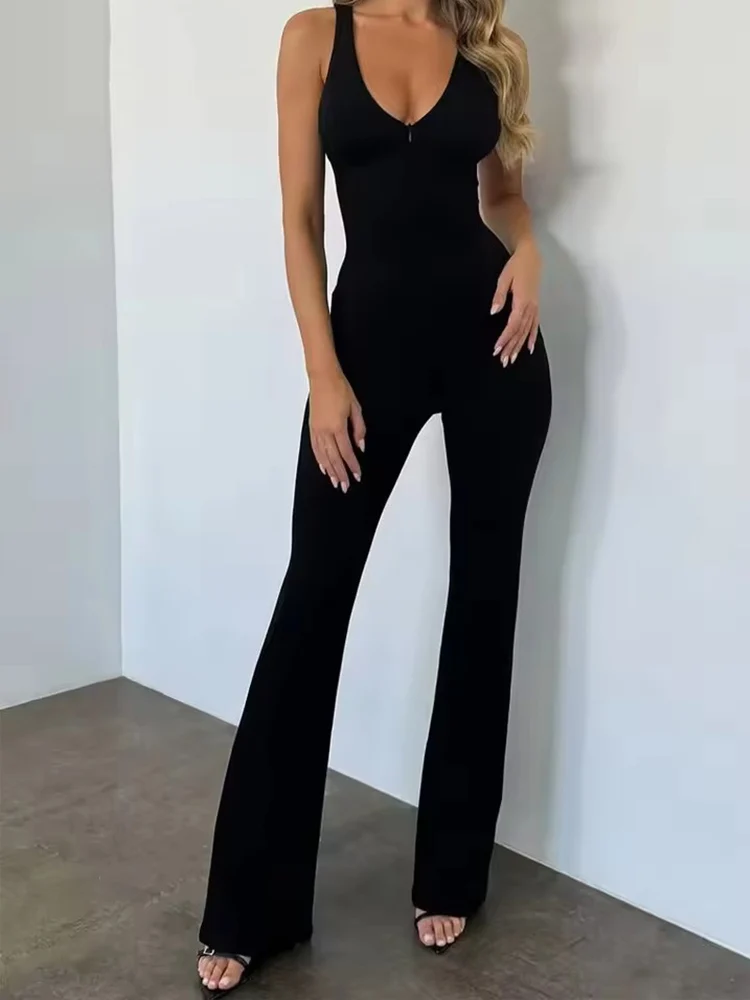 2025 New Fashion Halter Neck Flare Jumpsuit For Women Elegant Backless Sleeveless Slim Fit Romper Street Chic Bodysuits ﻿