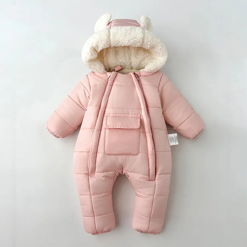 -30℃ Winter New Baby Boys Girls Rompers Solid Color Berber Fleece Lining Thick Warm Hooded Bodysuit For Kids One Piece Overalls 3