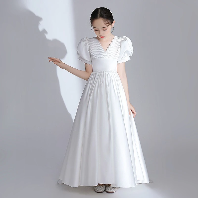 Crianças menina elegante vestido completo infantil puff mangas simples  branco longo vestidos de baile meninas formal sereia vestidos criança| | -  AliExpress