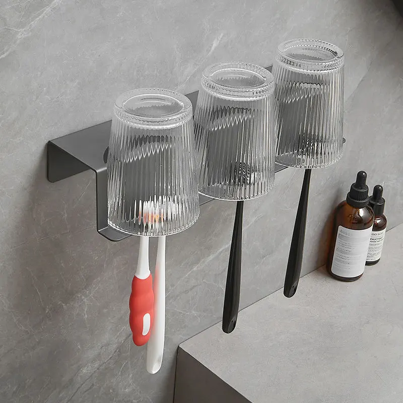 Bathroom Toothbrush Holder Cup Holder Bathroom Storage Shelf Stainless Steel Wall Mounted Toothbrush Cup Gray/Black