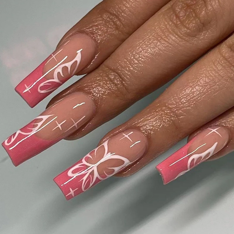 24pcs False Nails Pink Butterfly Design Detachable Rhinestones Acrylic Fake Nails Long Stiletto Press On Nails False Nails Aliexpress