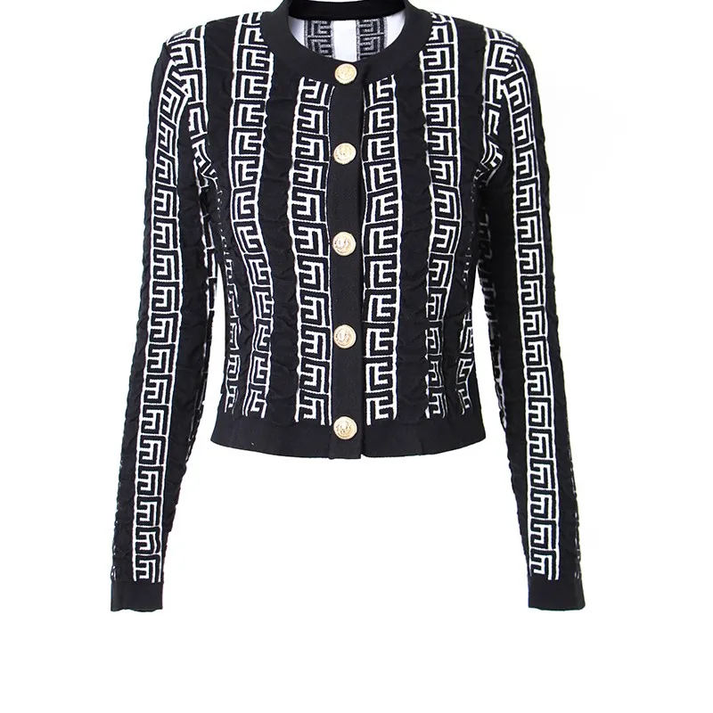 

2023 Female Casual Black Geometrical New Spring Pattern Texture Leisure Slim Women Knitwear Buttons Short Sweater
