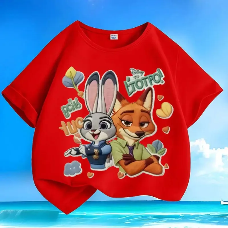 New loose pure cotton t-shirt with Disney Zootopia print, versatile, casual, summer, short-sleeved, with round neck,for children