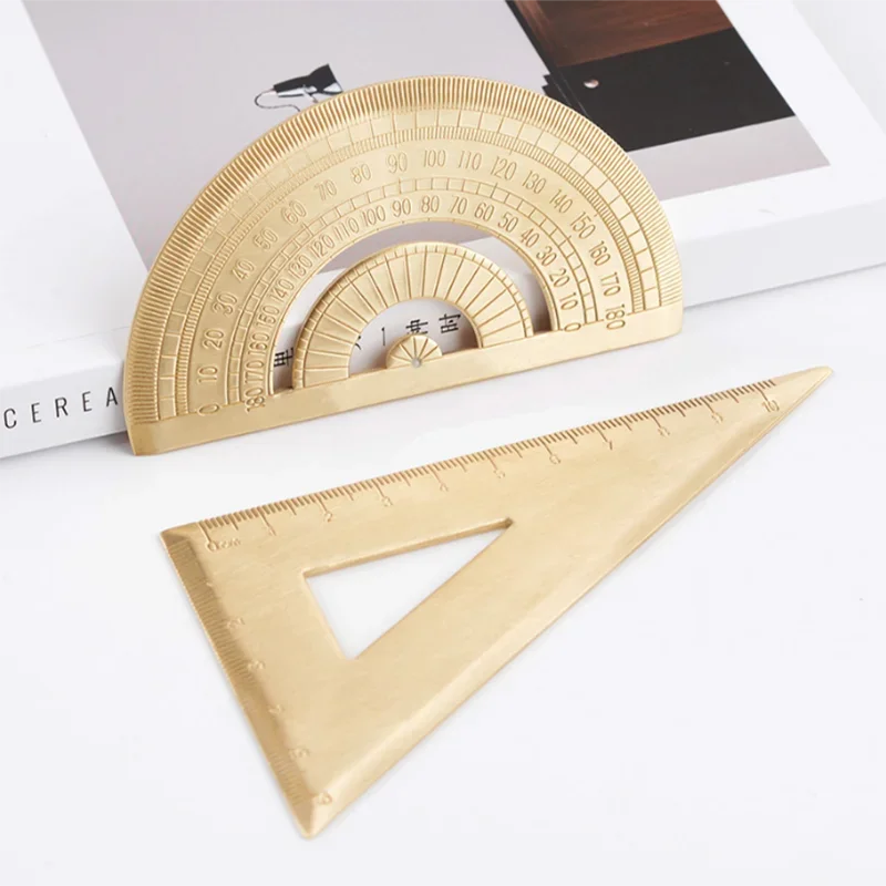 Metal Brass Straight Ruler Vintage Triangle Protractor Measuring Tool Painting Drafting Supplies Korean Stationery Office