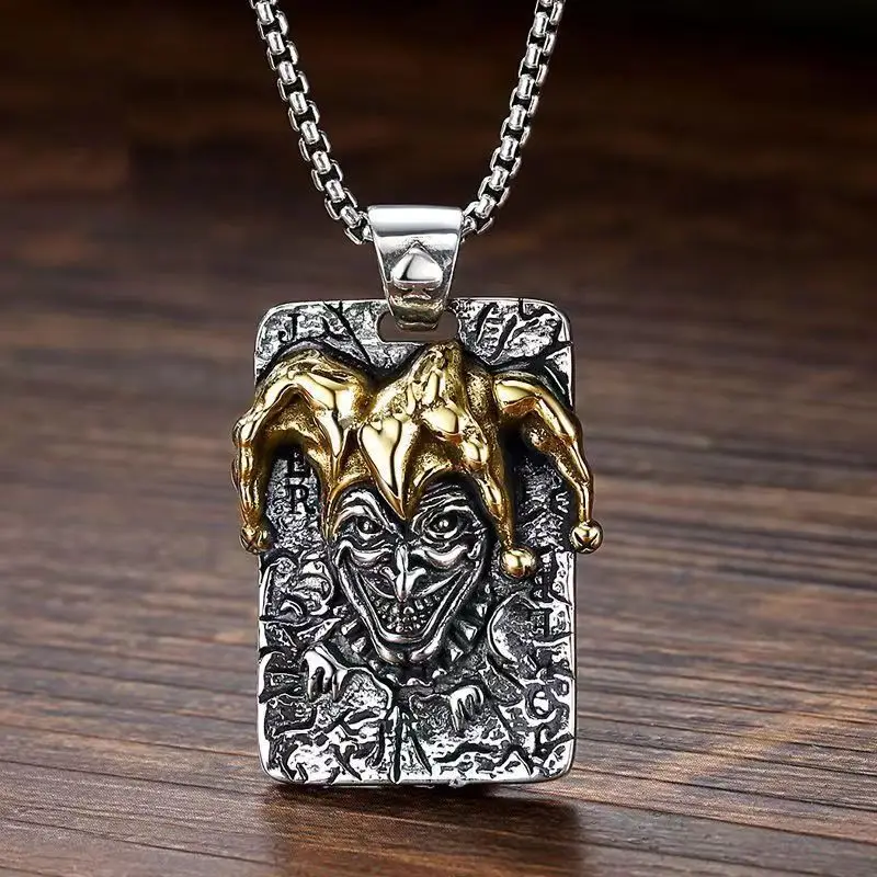 Retro Joker Square Pendant Necklace for Men Hiphop Rock Party Jewelry