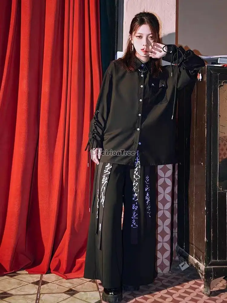 Wide Leg Trousers Ribbon design Chinese style men fashion wide leg trousers autumn retro loose wide leg long pants w39
