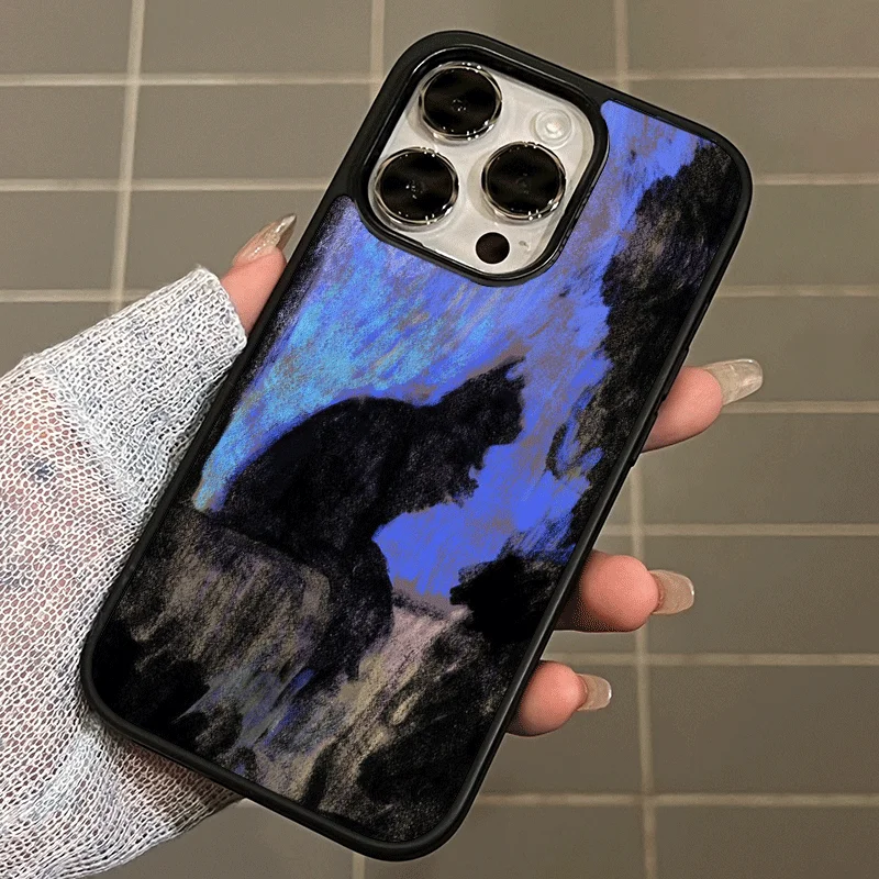 Elegant Dark Purple Cat Oil Painting Phone Case with Black Edging