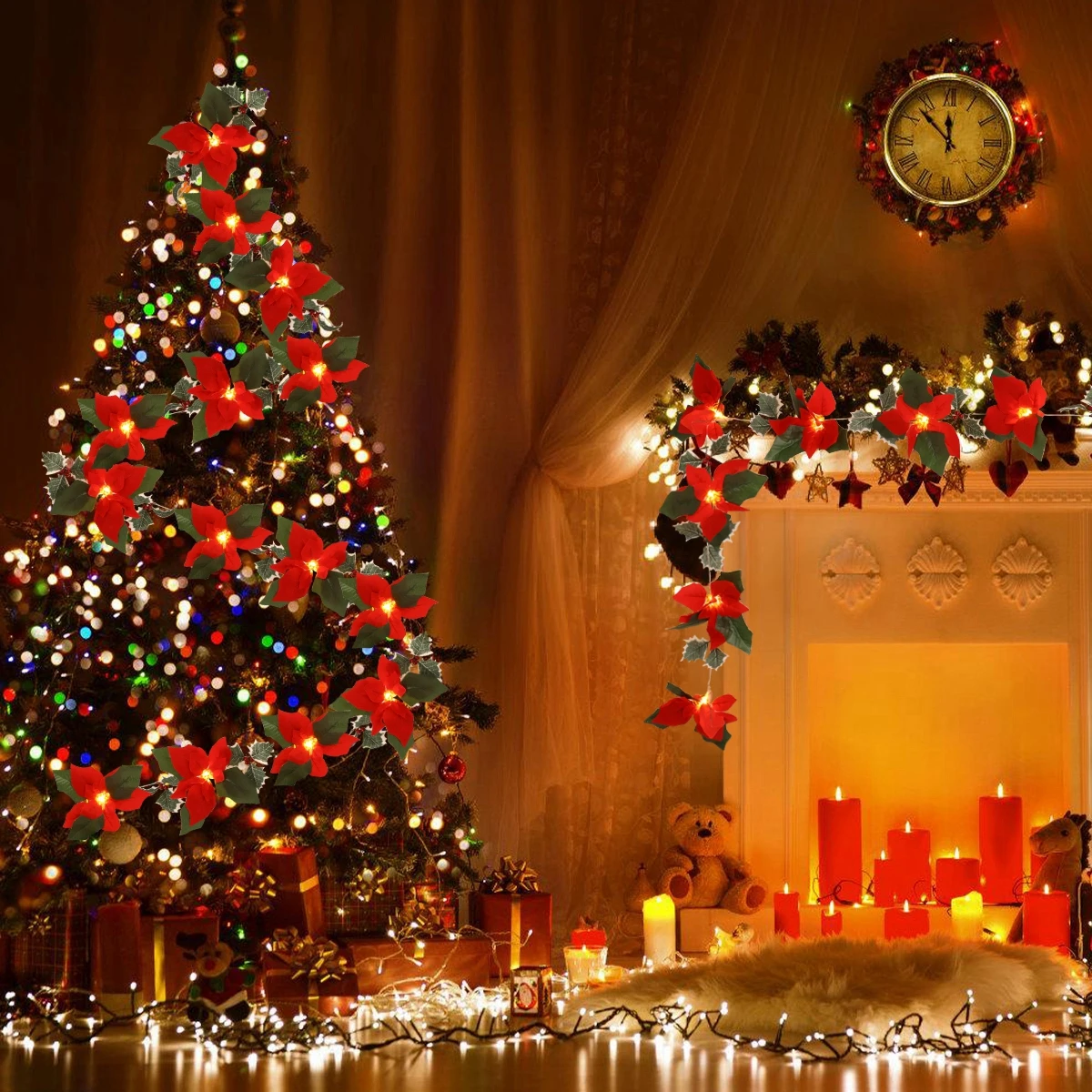 2M10LED Christmas Garland Lighting Strings Artificial Red Flowers Holly Leaves For Home 2024 Xmas Ornament New Year Gifts 2025_voghion.com