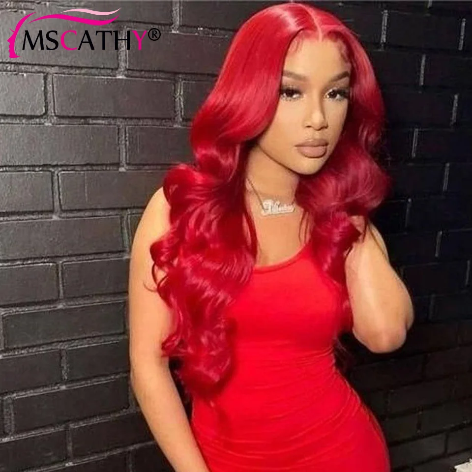 

Frontal Lace Wig Red Colored HD Transparent Lace Front Wigs for Women Long Body Wave Remy Human Hair Wig For Women 150% Density