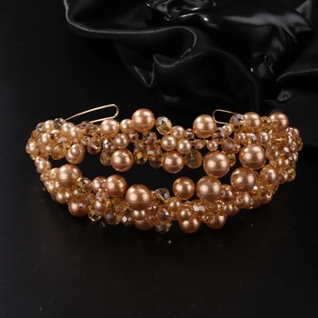 Luxury Elegant Pearl Crystal Crown Headpieces Bridal Headband Wedding Hair Jewelry Accessories Handmade Party Headdress Tiaras