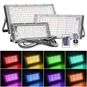 LED RGB 투광 조명, 방수 IP65 야외 프로젝터 조명, 원격 제어 EU 플러그, 220V, 50W, 100W, 300W