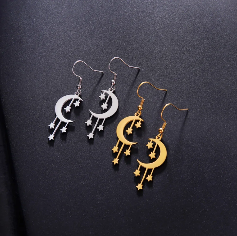 Skyrim Crescent Moon Stars Drop Earrings Stainless Steel Gold Color Dangle Earrings Bohemian Jewelry Gift for Women Girls - Image 5