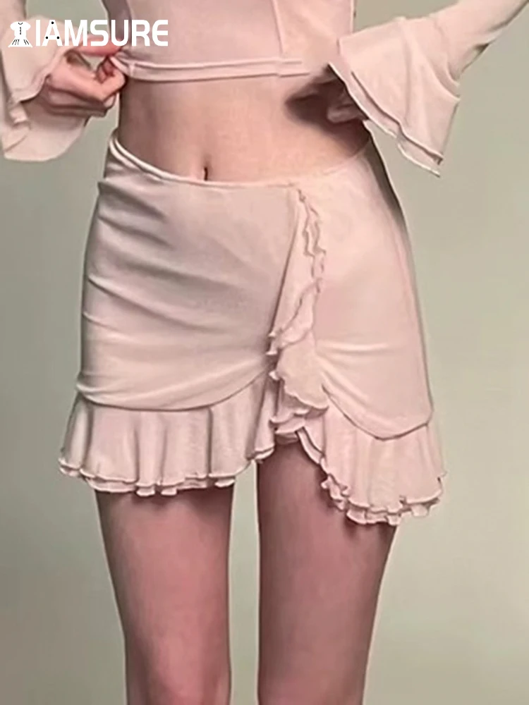

IAMSURE Hotsweet Solid Ruffles Skirts Waste Soil Style Mid-Waisted Mini Skirts Women 2023 Summer Fashion Ladies Y2K Streetwear