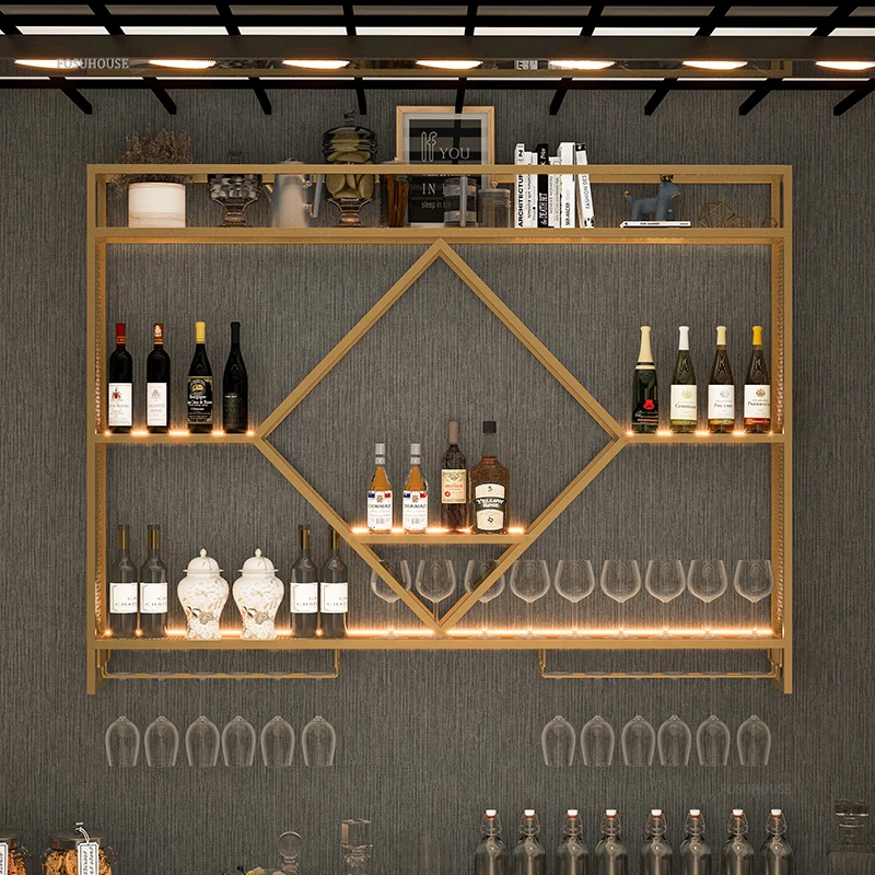 Nordic Wrought Iron Wine Rack for High-end Restaurant Wine Display Cabinet Light Luxury Wall-mounted Bar Decorative Cabinet