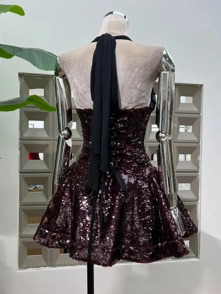 Sparkly Sequined Halter Backless Mini Dress for Women Sexy Sleeveless  Evening Party Birthday Gowns Cocktail Festival Dresses