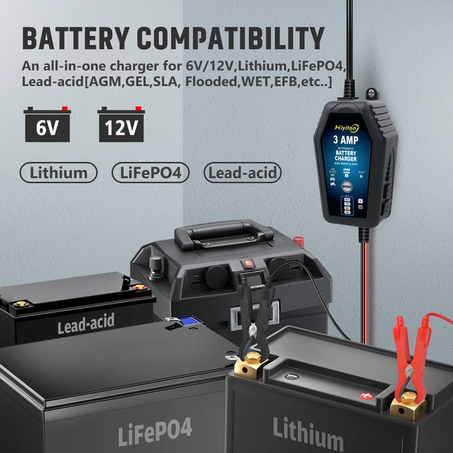 Hiyiton 3000mA 6V 12V Smart Battery Charger for Trickle Lithium LiFePO4 Lead-Acid Batteries Automatic Car Motorcycle Charger