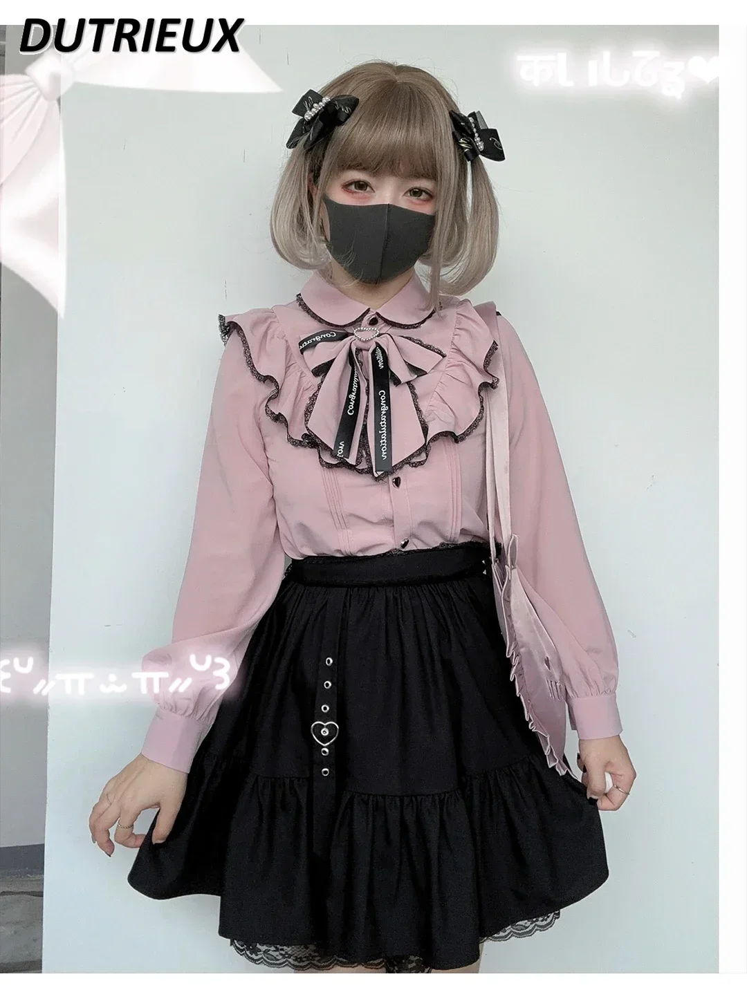 mine-lolita-japanese-style-outfits-bow-long-sleeve-shirt-high-waist-short-skirt-slim-sweet-and-spicy-suit-autumn-two-piece-set