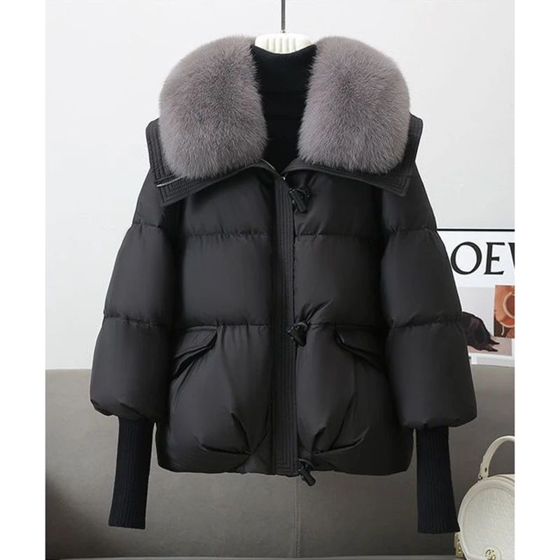 Winter New Fur Collar Puffer Down Parka Loose Down Warmer Thicken Snow Jacket Pocket Zipper Faux Fur Outerwear Female 5