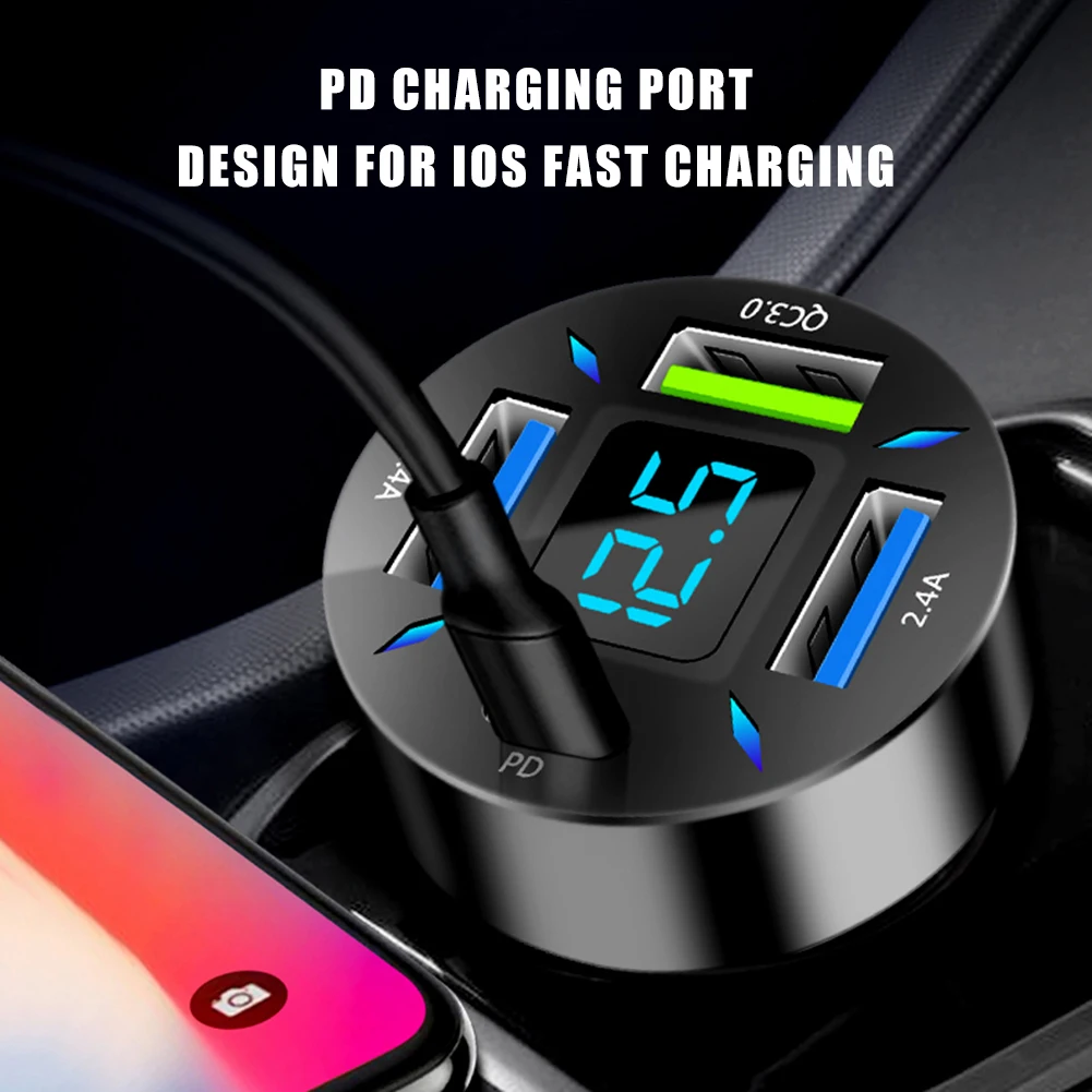 

Car Charger 66W PD Fast Charging Type-C 12V/24V 4 USB Ports Cigarette Lighter Adapter LED Voltmeter for Huawei Xiaomi iPhone 13