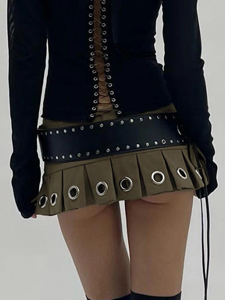 Weekeep Punk Low Rise Y2k Mini Pleated Skirt With PU Belt