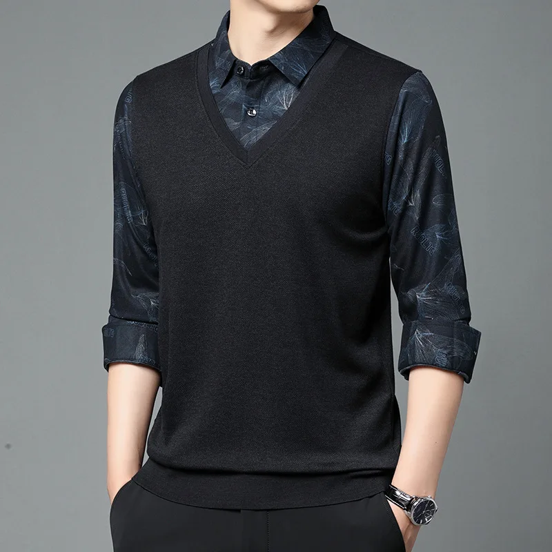 New Autumn Winter Fashion Trend Solid Color Striped Polo Collar Fake Two Piece Long Sleeve Simple Casual Men's Loose Sweater Top